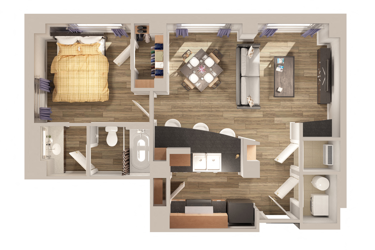 Floor plan for 1 bed, 1 bath, 648 sqft